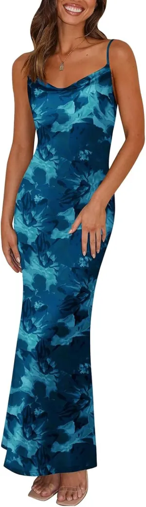 Womens Summer Bodycon Maxi Dress Floral Spaghetti Strap Stretch Dresses Sexy Backless Slip Club Party Long Dress