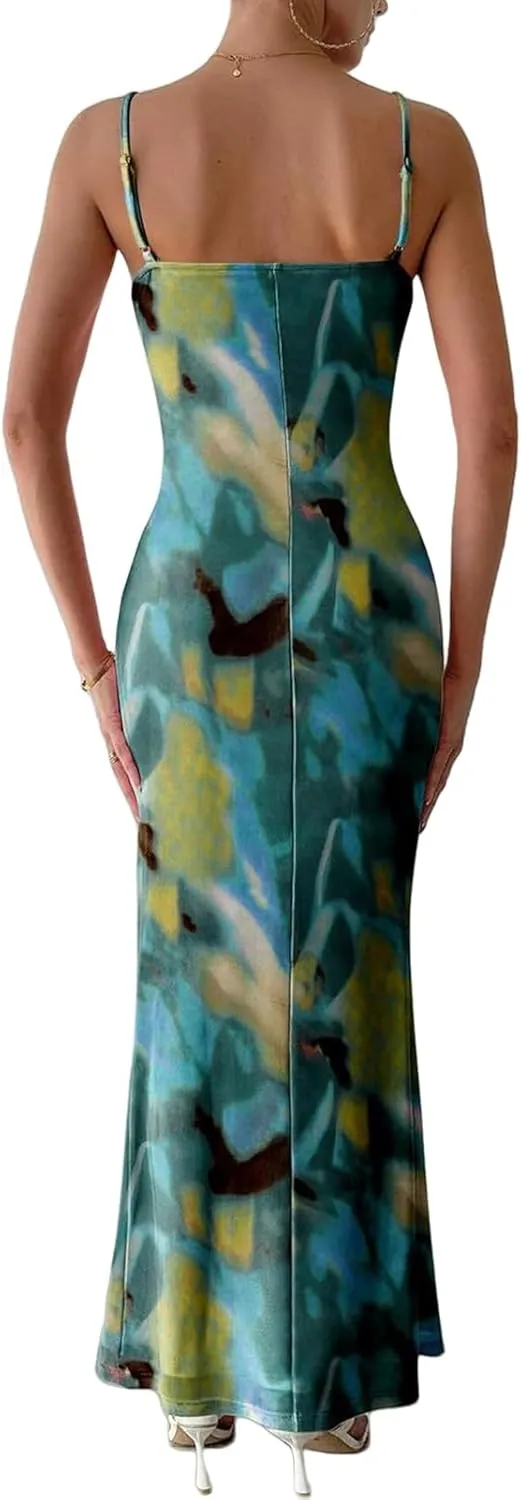 Womens Summer Bodycon Maxi Dress Floral Spaghetti Strap Stretch Dresses Sexy Backless Slip Club Party Long Dress