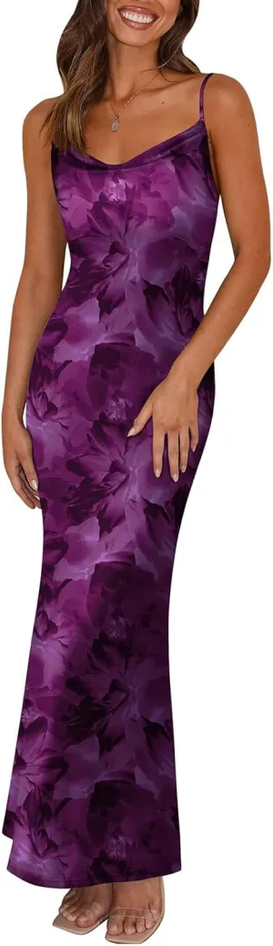 Womens Summer Bodycon Maxi Dress Floral Spaghetti Strap Stretch Dresses Sexy Backless Slip Club Party Long Dress