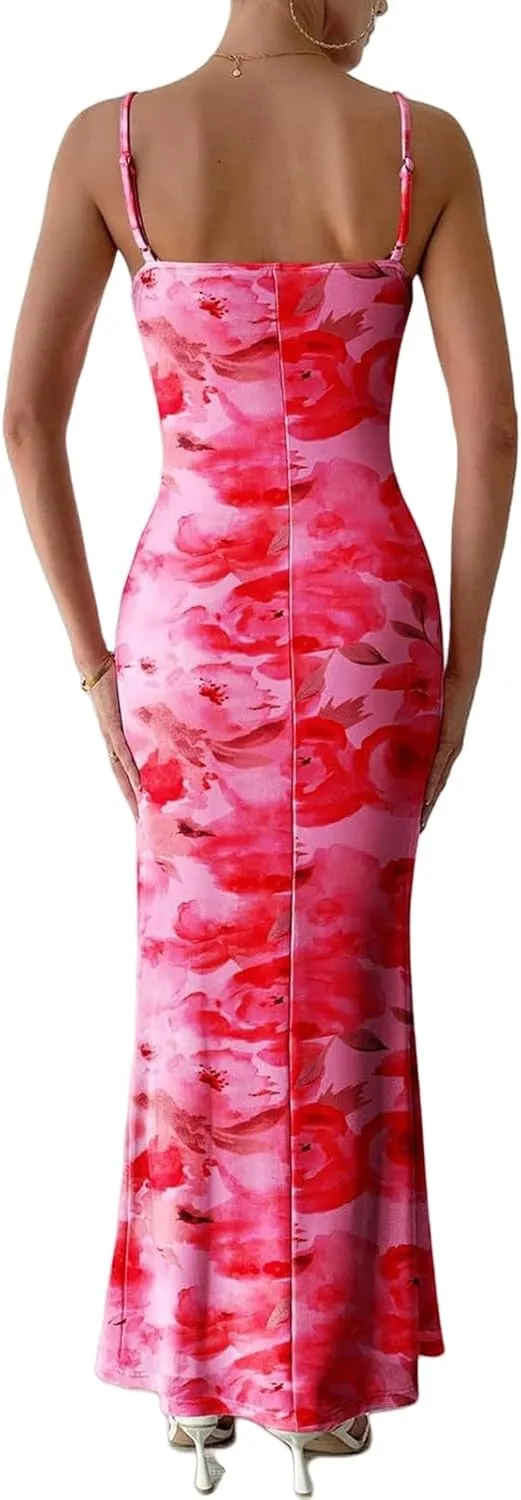 Womens Summer Bodycon Maxi Dress Floral Spaghetti Strap Stretch Dresses Sexy Backless Slip Club Party Long Dress