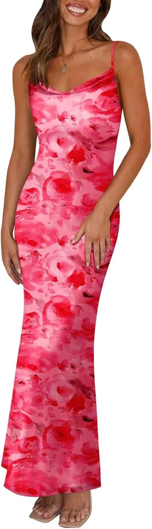Womens Summer Bodycon Maxi Dress Floral Spaghetti Strap Stretch Dresses Sexy Backless Slip Club Party Long Dress