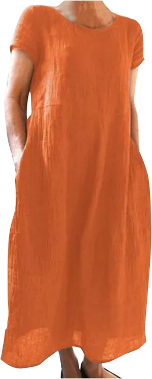 Womens Summer Cotton Linen Dresses 2025 Short Sleeve Loose Coverup Maxi Skirt Church Work Travel Outfits Long Dress