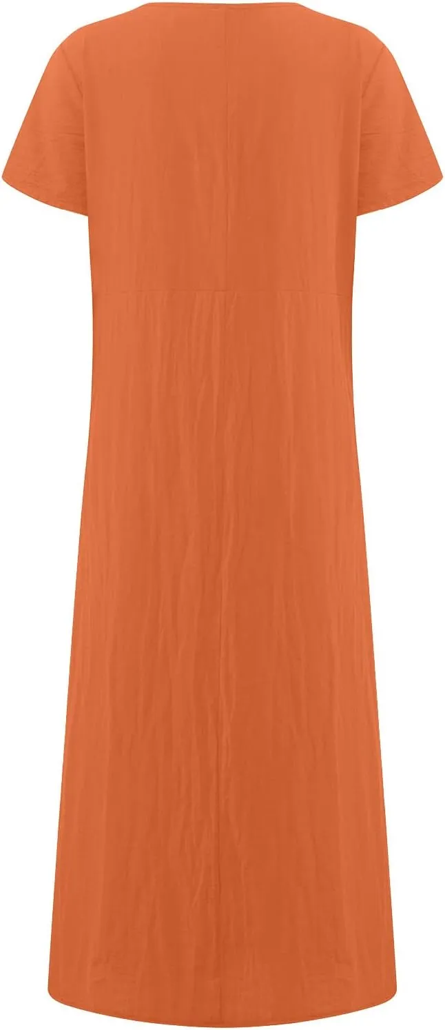 Womens Summer Cotton Linen Dresses 2025 Short Sleeve Loose Coverup Maxi Skirt Church Work Travel Outfits Long Dress