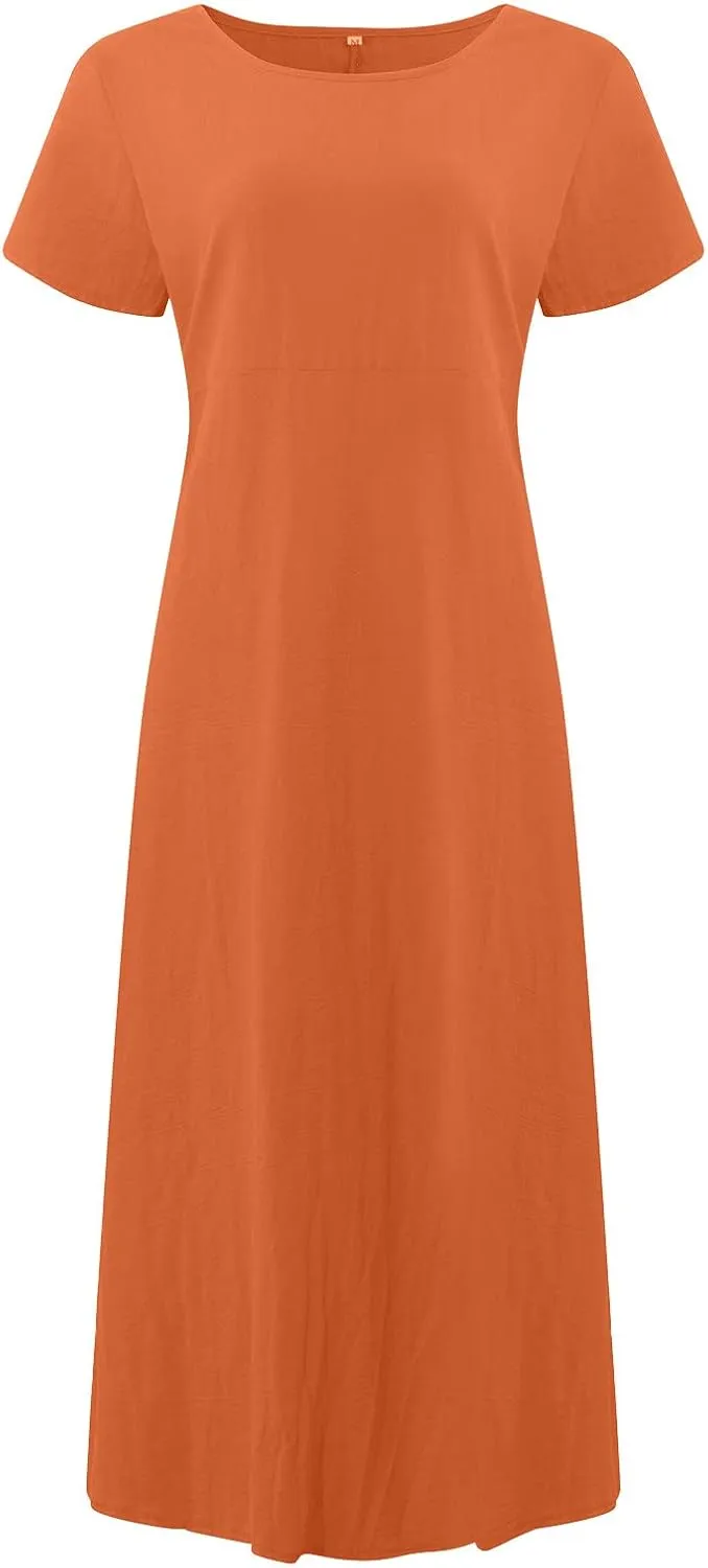Womens Summer Cotton Linen Dresses 2025 Short Sleeve Loose Coverup Maxi Skirt Church Work Travel Outfits Long Dress