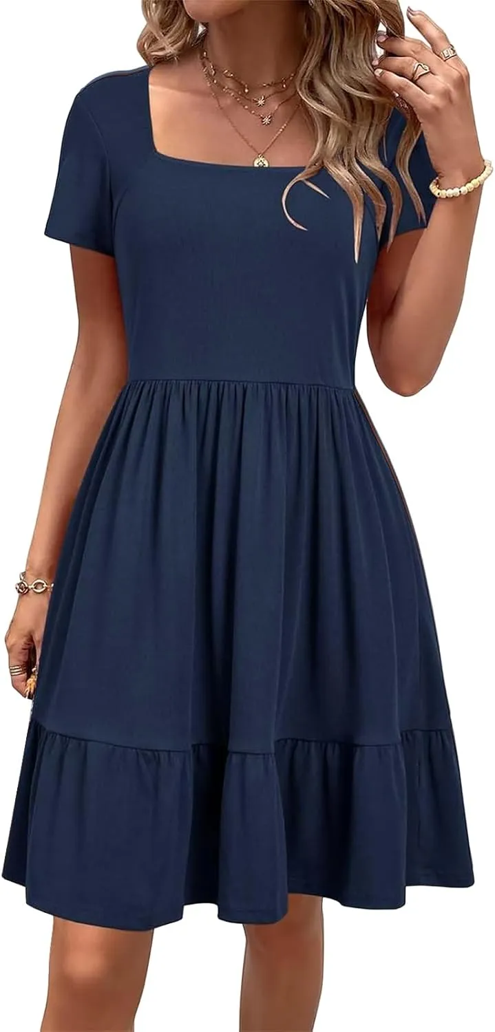Womens Summer Dress Square Neck Short Sleeve Babydoll Dress A-Line Ruffle Beach Sundress Outfits
