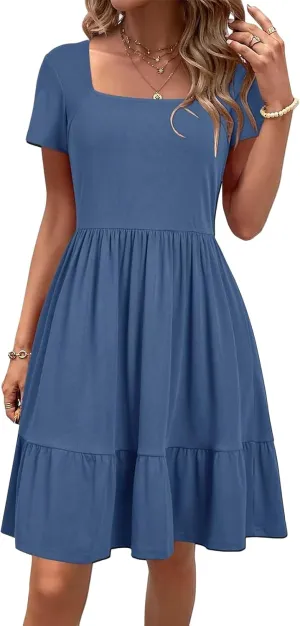 Womens Summer Dress Square Neck Short Sleeve Babydoll Dress A-Line Ruffle Beach Sundress Outfits