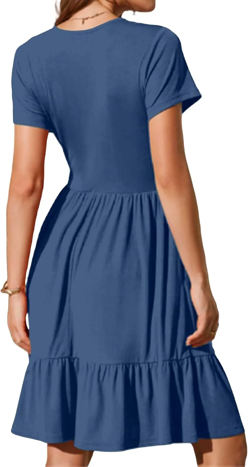 Womens Summer Dress Square Neck Short Sleeve Babydoll Dress A-Line Ruffle Beach Sundress Outfits