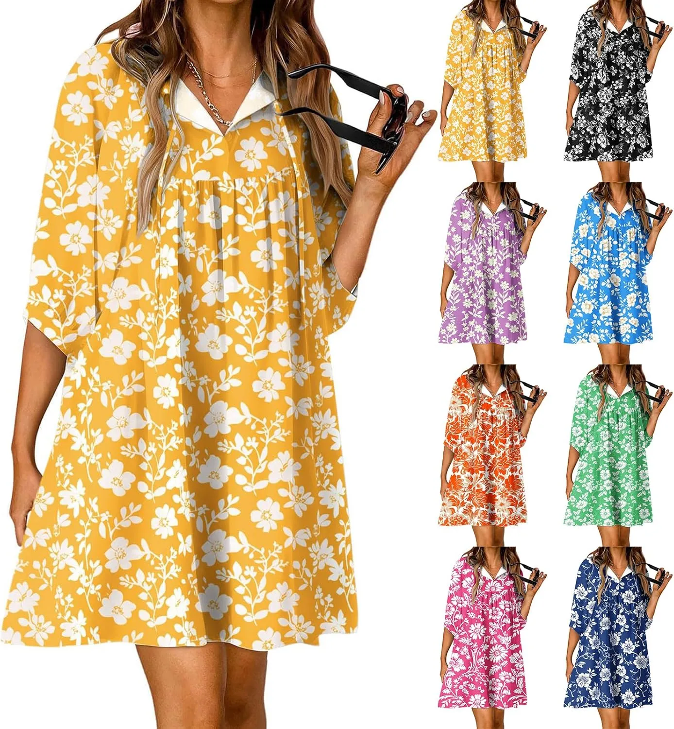 Womens Summer Dresses Boho Floral Drawstring V Neck Lantern Sleeve Mini Dress 2025 Casual Beach Sundress