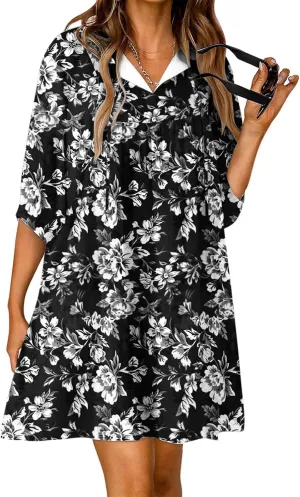 Womens Summer Dresses Boho Floral Drawstring V Neck Lantern Sleeve Mini Dress 2025 Casual Beach Sundress