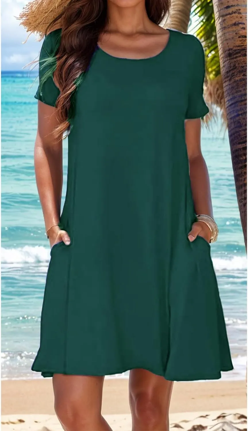 Womens Summer Dresses Crew Neck Short Sleeve A Line Mini Dresses Casual T Shirts Dresses Loose Sundress with Pocket