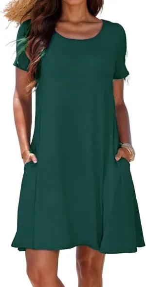 Womens Summer Dresses Crew Neck Short Sleeve A Line Mini Dresses Casual T Shirts Dresses Loose Sundress with Pocket