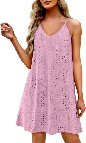 Womens Summer Dresses Spaghetti Strap V Neck Casual Sleeveless Sundress Beach Cover Ups with Pockets