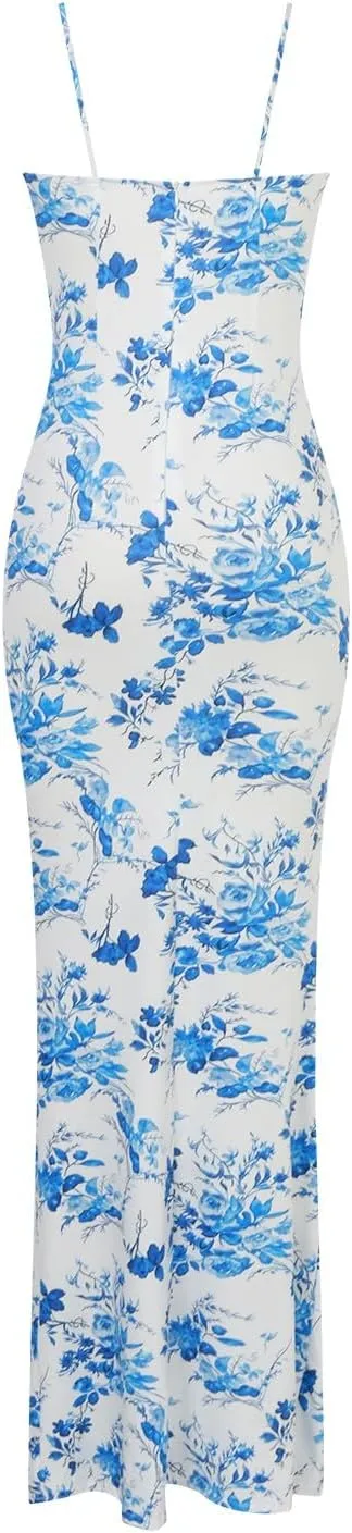 Women's Summer Floral Bodycon Backless Maxi Dress Sexy Lounge Slip Long Formal Party Evening Elegant Prom Dress
