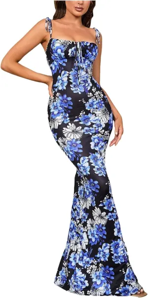 Women's Summer Floral Bodycon Backless Maxi Dress Sexy Lounge Slip Long Formal Party Evening Elegant Prom Dress