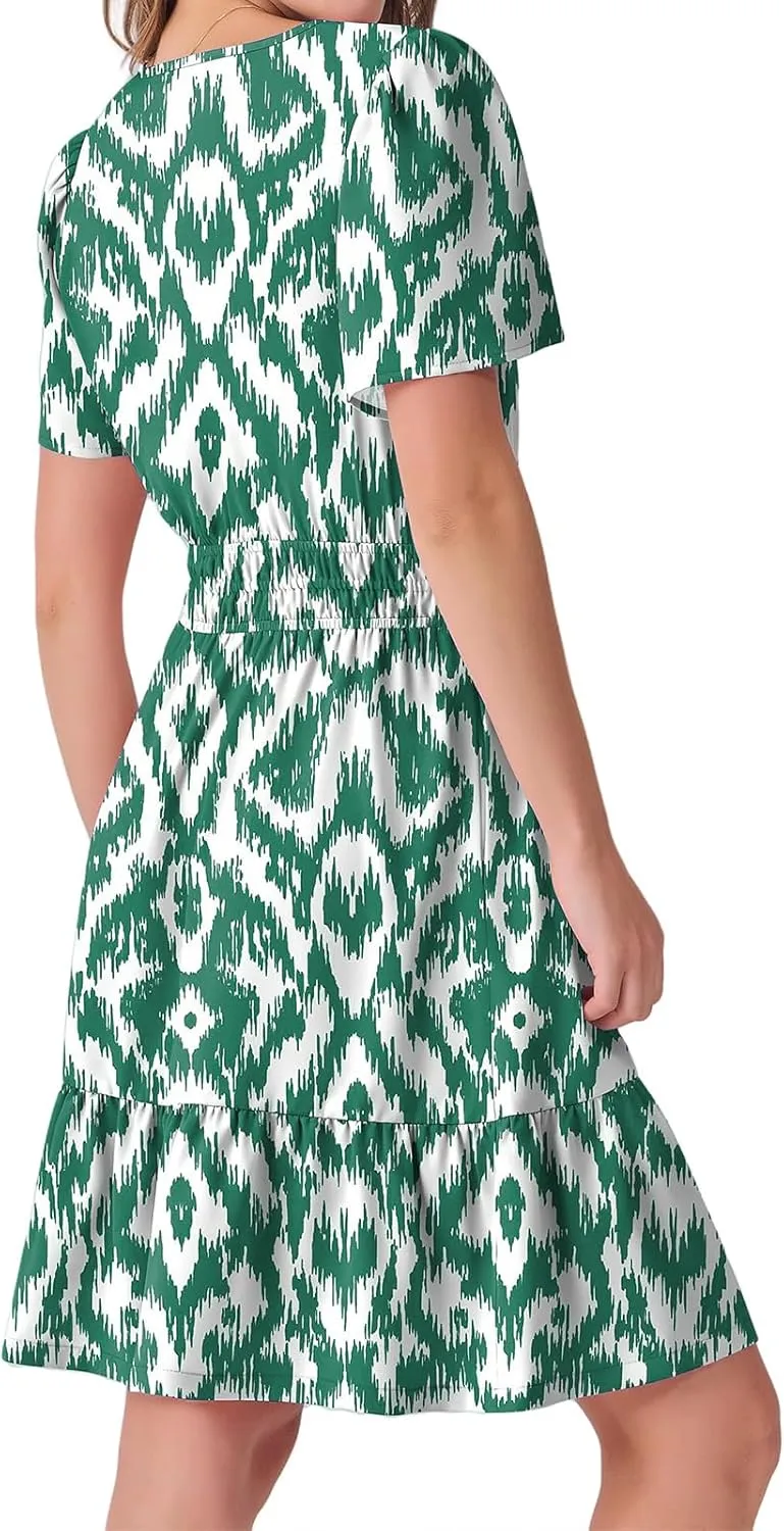 Women's Summer Mini Dress V Neck Short Sleeve Floral A Line High Waist Boho Cute Vacation Beach Dresses 2025