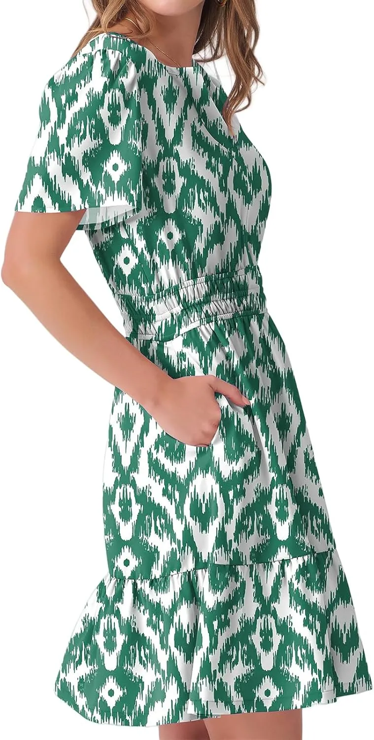 Women's Summer Mini Dress V Neck Short Sleeve Floral A Line High Waist Boho Cute Vacation Beach Dresses 2025