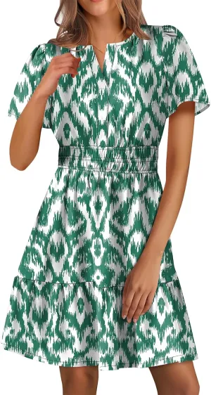 Women's Summer Mini Dress V Neck Short Sleeve Floral A Line High Waist Boho Cute Vacation Beach Dresses 2025