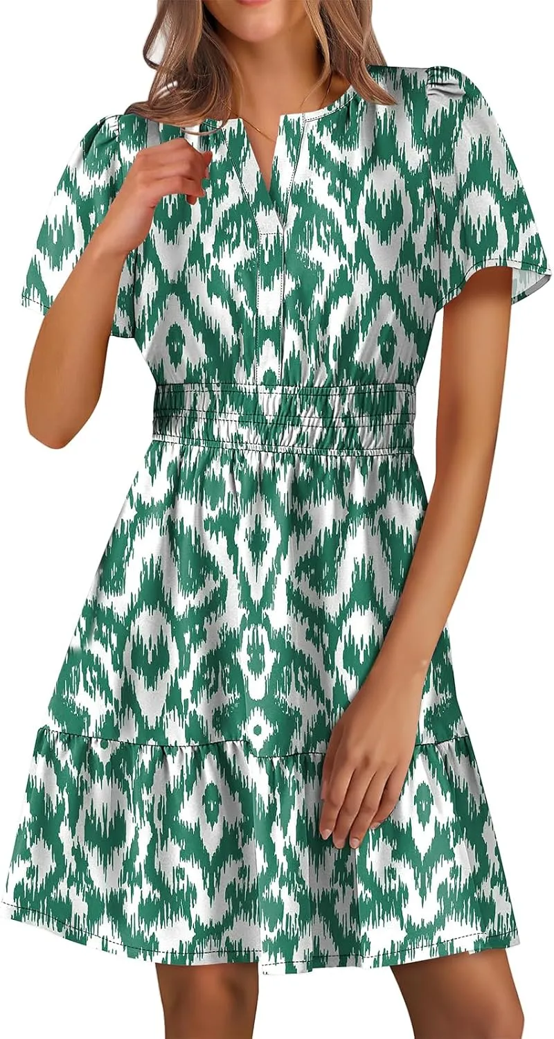 Women's Summer Mini Dress V Neck Short Sleeve Floral A Line High Waist Boho Cute Vacation Beach Dresses 2025
