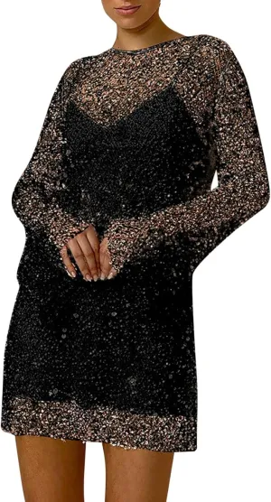 Womens Summer Sequin Skirt See Through Long Sleeve Spring Casual T Shirt Dresses for Women 2025 Swing Party Short Dresses