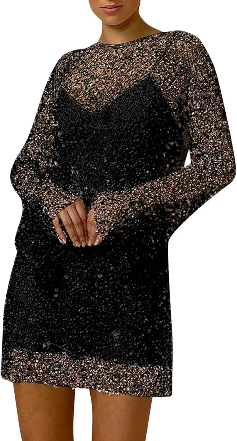 Womens Summer Sequin Skirt See Through Long Sleeve Spring Casual T Shirt Dresses for Women 2025 Swing Party Short Dresses