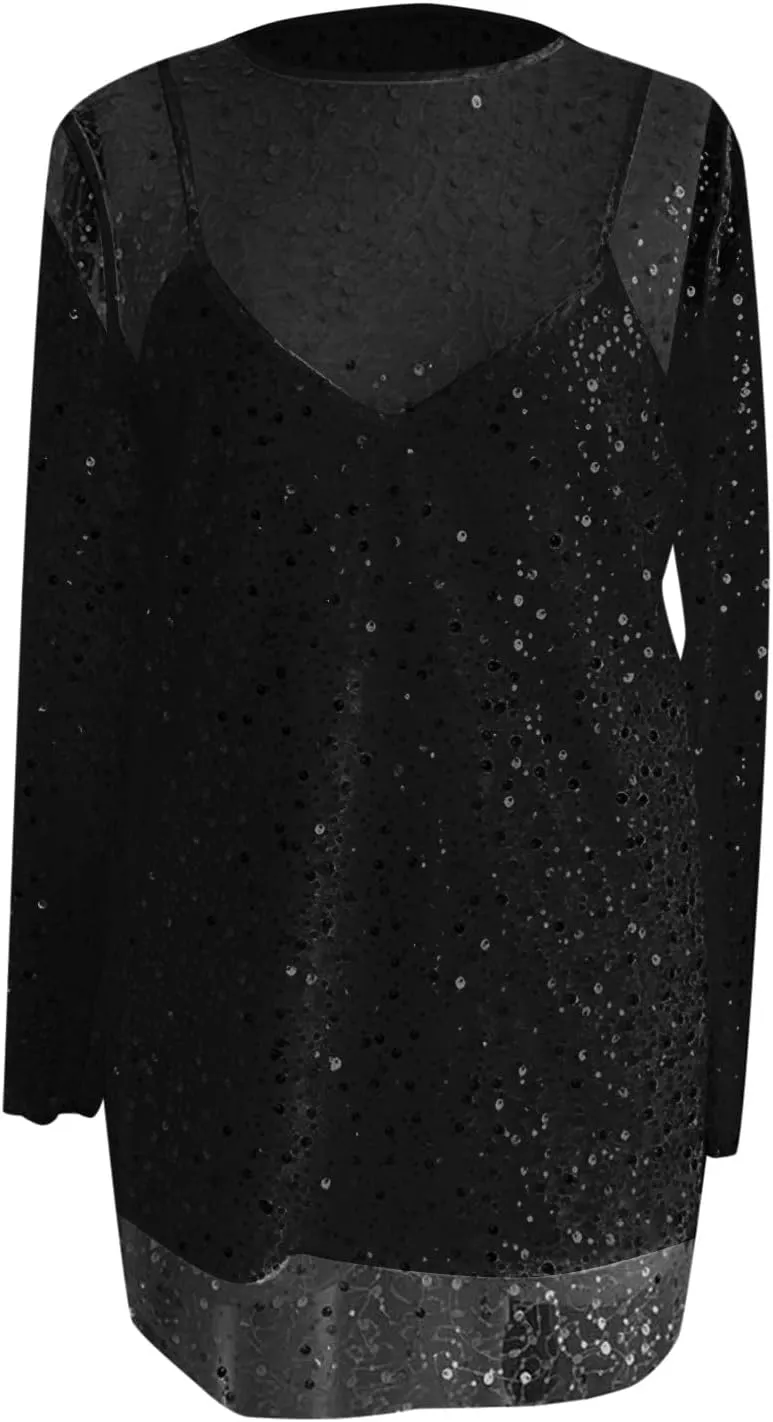 Womens Summer Sequin Skirt See Through Long Sleeve Spring Casual T Shirt Dresses for Women 2025 Swing Party Short Dresses