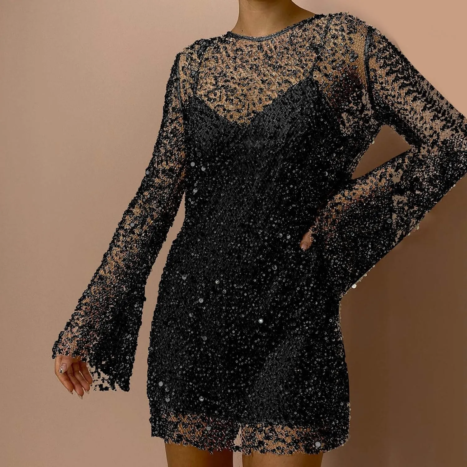 Womens Summer Sequin Skirt See Through Long Sleeve Spring Casual T Shirt Dresses for Women 2025 Swing Party Short Dresses