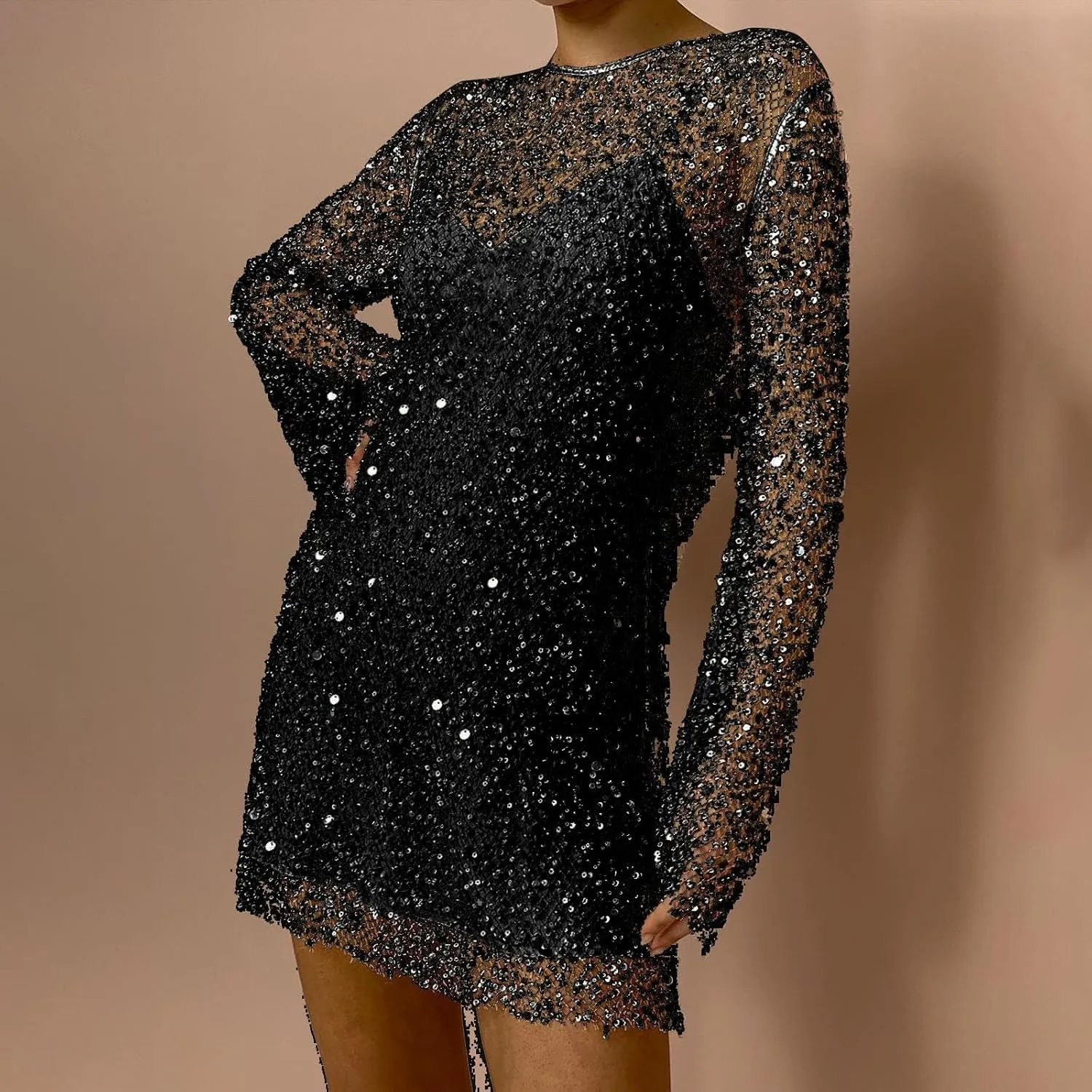Womens Summer Sequin Skirt See Through Long Sleeve Spring Casual T Shirt Dresses for Women 2025 Swing Party Short Dresses