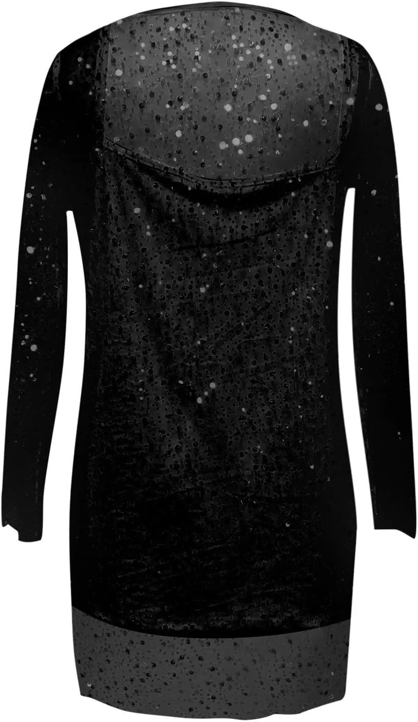 Womens Summer Sequin Skirt See Through Long Sleeve Spring Casual T Shirt Dresses for Women 2025 Swing Party Short Dresses
