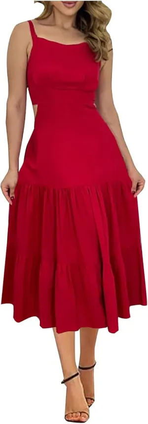 Womens Sundresses Sexy Hollow Waist A-Line Flowy Midi Dress Beach Vacation Summer Sleeveless Suspender Dresses