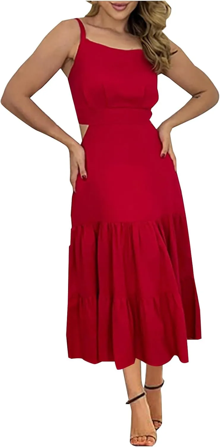 Womens Sundresses Sexy Hollow Waist A-Line Flowy Midi Dress Beach Vacation Summer Sleeveless Suspender Dresses