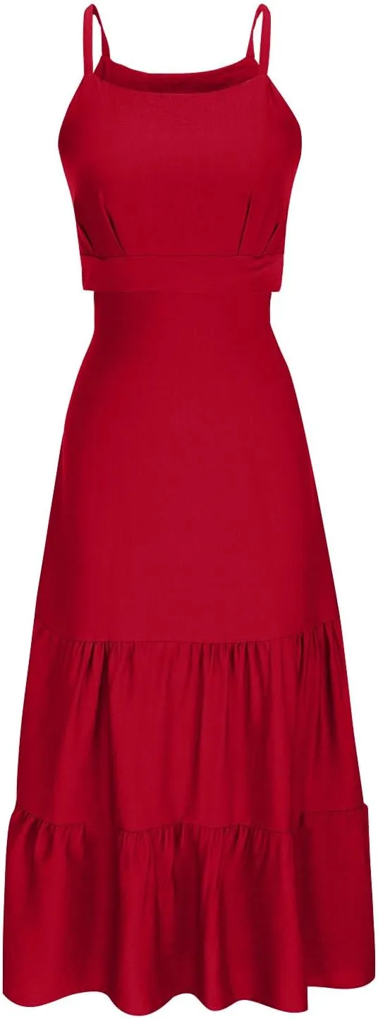 Womens Sundresses Sexy Hollow Waist A-Line Flowy Midi Dress Beach Vacation Summer Sleeveless Suspender Dresses