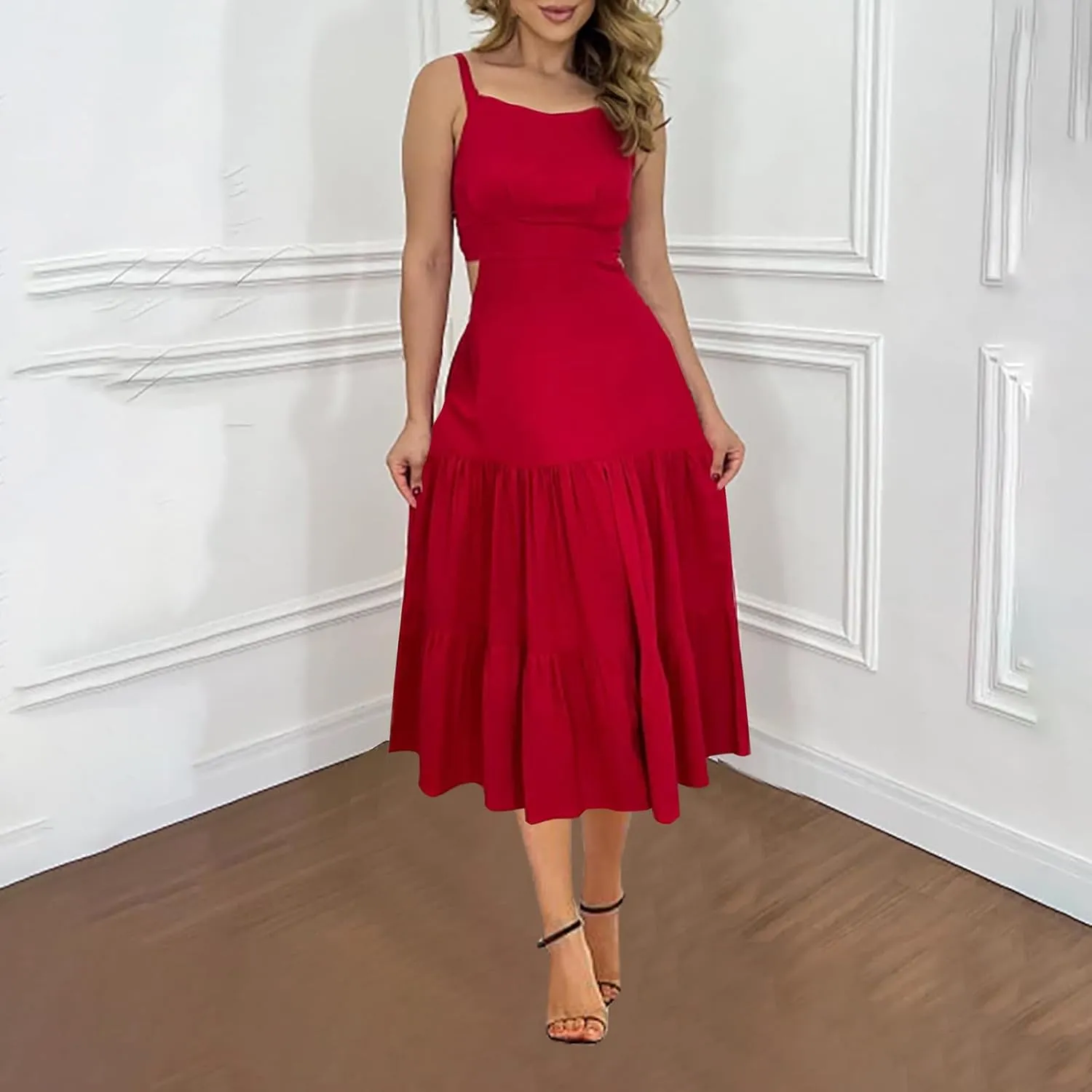 Womens Sundresses Sexy Hollow Waist A-Line Flowy Midi Dress Beach Vacation Summer Sleeveless Suspender Dresses