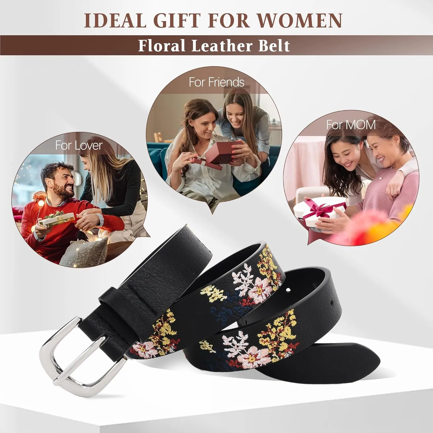 Women's Vegan Leather Belts for Jeans Dresses Pants,1.1" Fashion Ladies Waist Belt with Embroidered Flowers