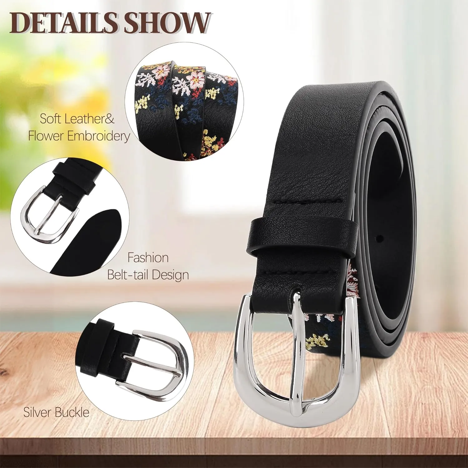 Women's Vegan Leather Belts for Jeans Dresses Pants,1.1" Fashion Ladies Waist Belt with Embroidered Flowers