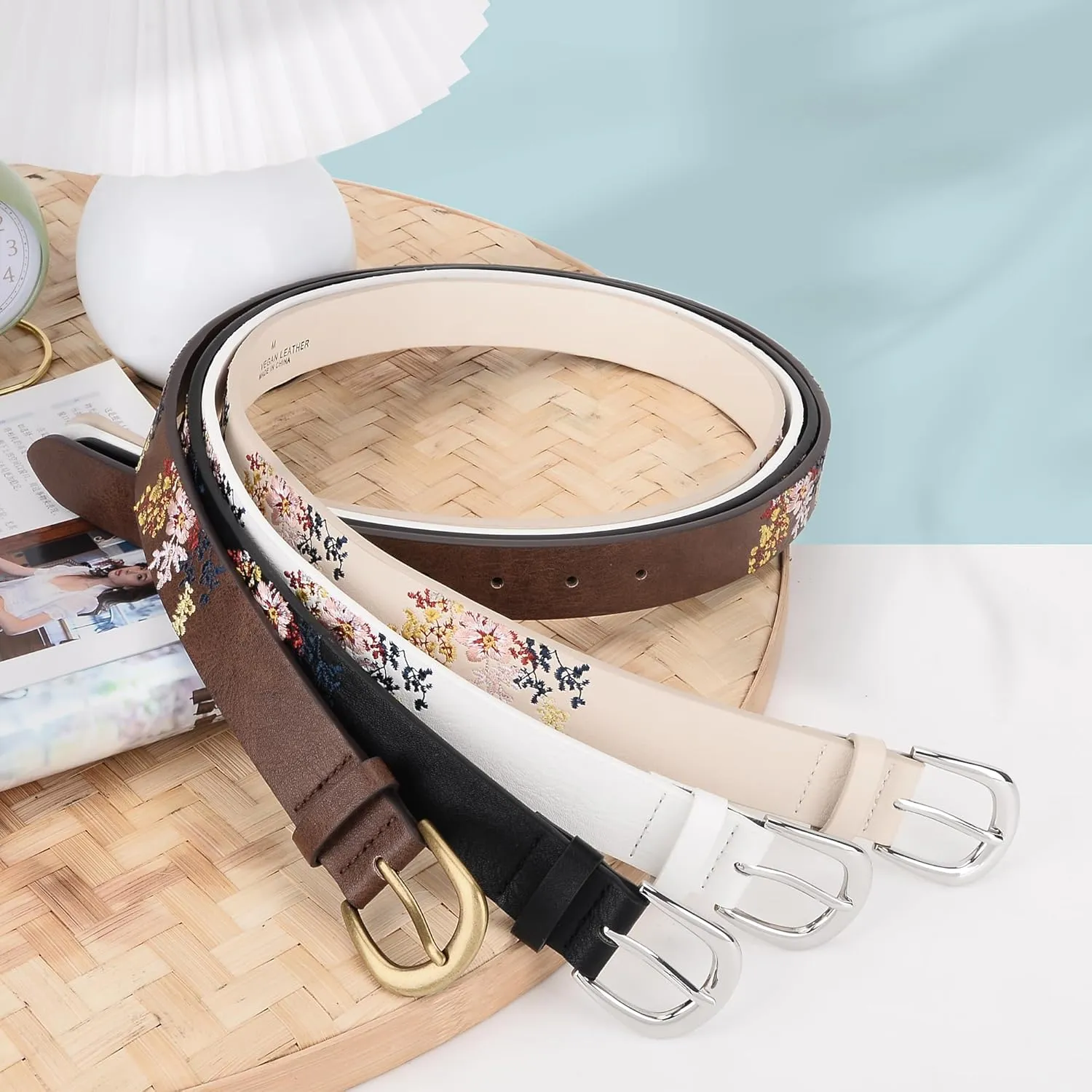 Women's Vegan Leather Belts for Jeans Dresses Pants,1.1" Fashion Ladies Waist Belt with Embroidered Flowers