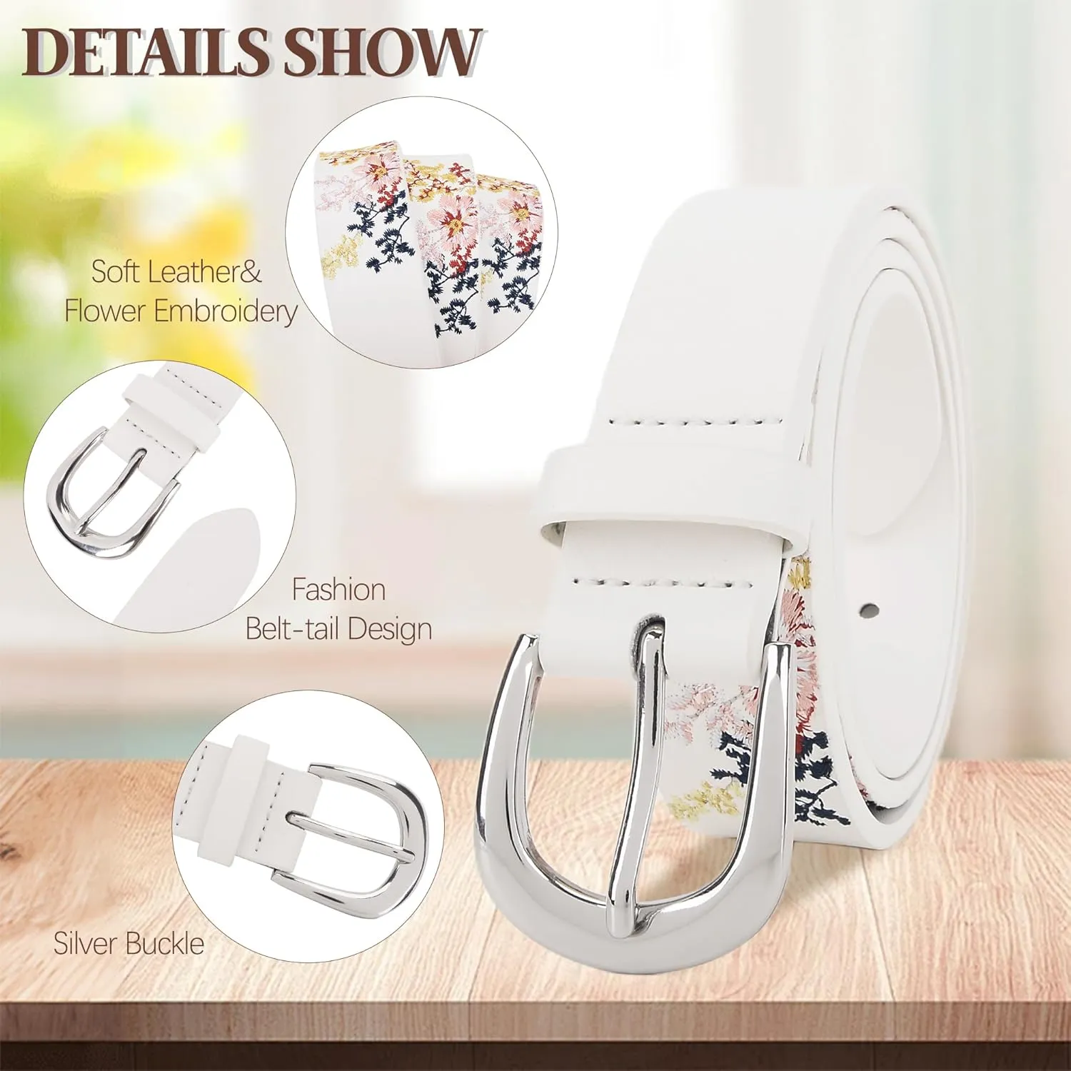 Women's Vegan Leather Belts for Jeans Dresses Pants,1.1" Fashion Ladies Waist Belt with Embroidered Flowers