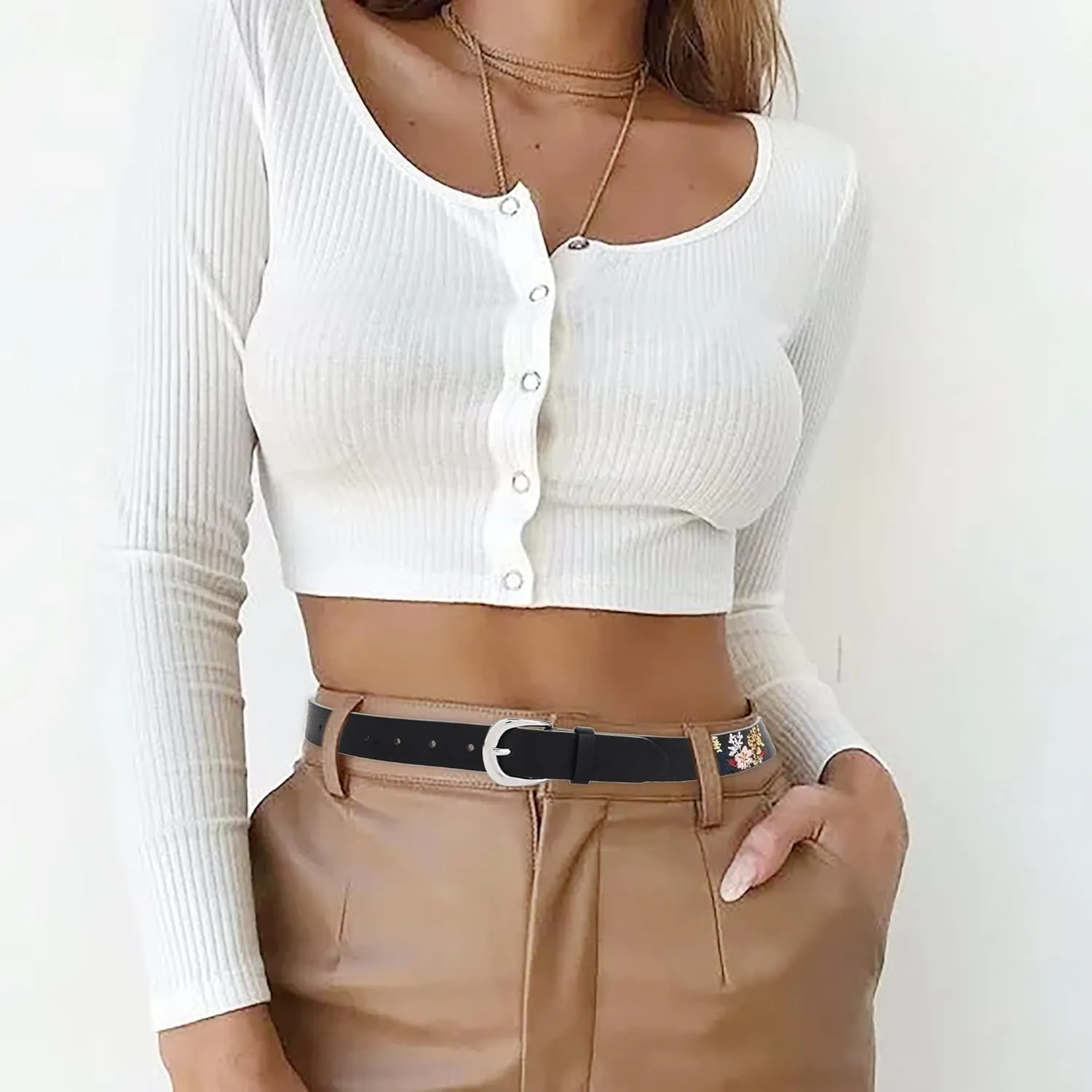 Women's Vegan Leather Belts for Jeans Dresses Pants,1.1" Fashion Ladies Waist Belt with Embroidered Flowers