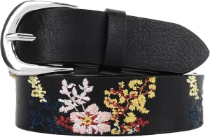 Women's Vegan Leather Belts for Jeans Dresses Pants,1.1" Fashion Ladies Waist Belt with Embroidered Flowers