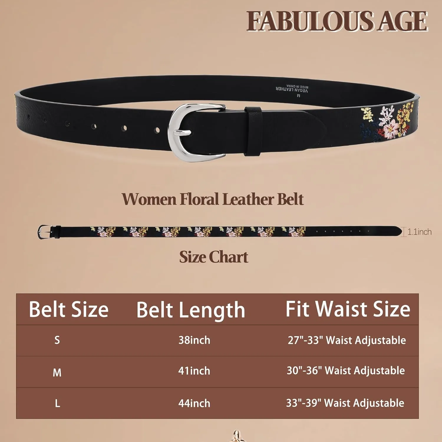Women's Vegan Leather Belts for Jeans Dresses Pants,1.1" Fashion Ladies Waist Belt with Embroidered Flowers