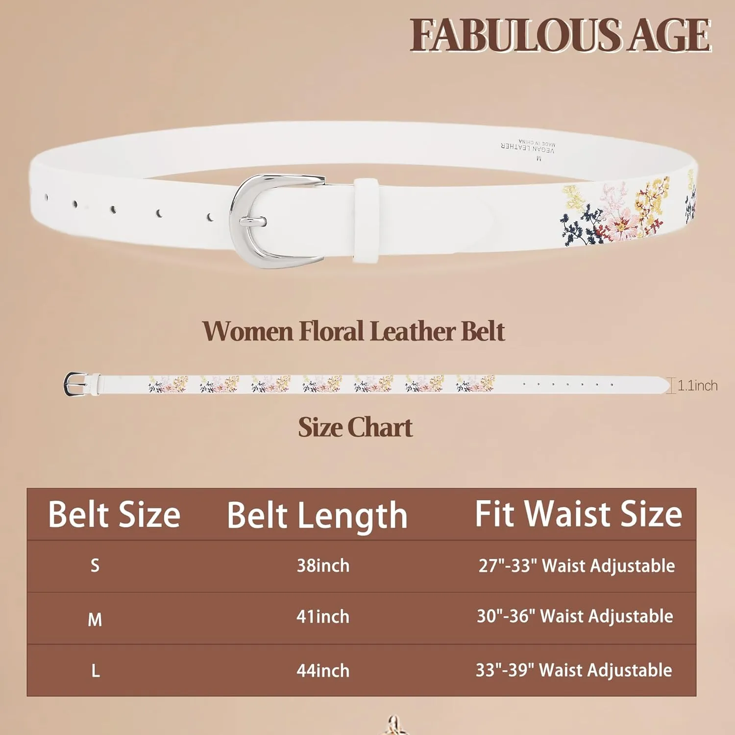 Women's Vegan Leather Belts for Jeans Dresses Pants,1.1" Fashion Ladies Waist Belt with Embroidered Flowers