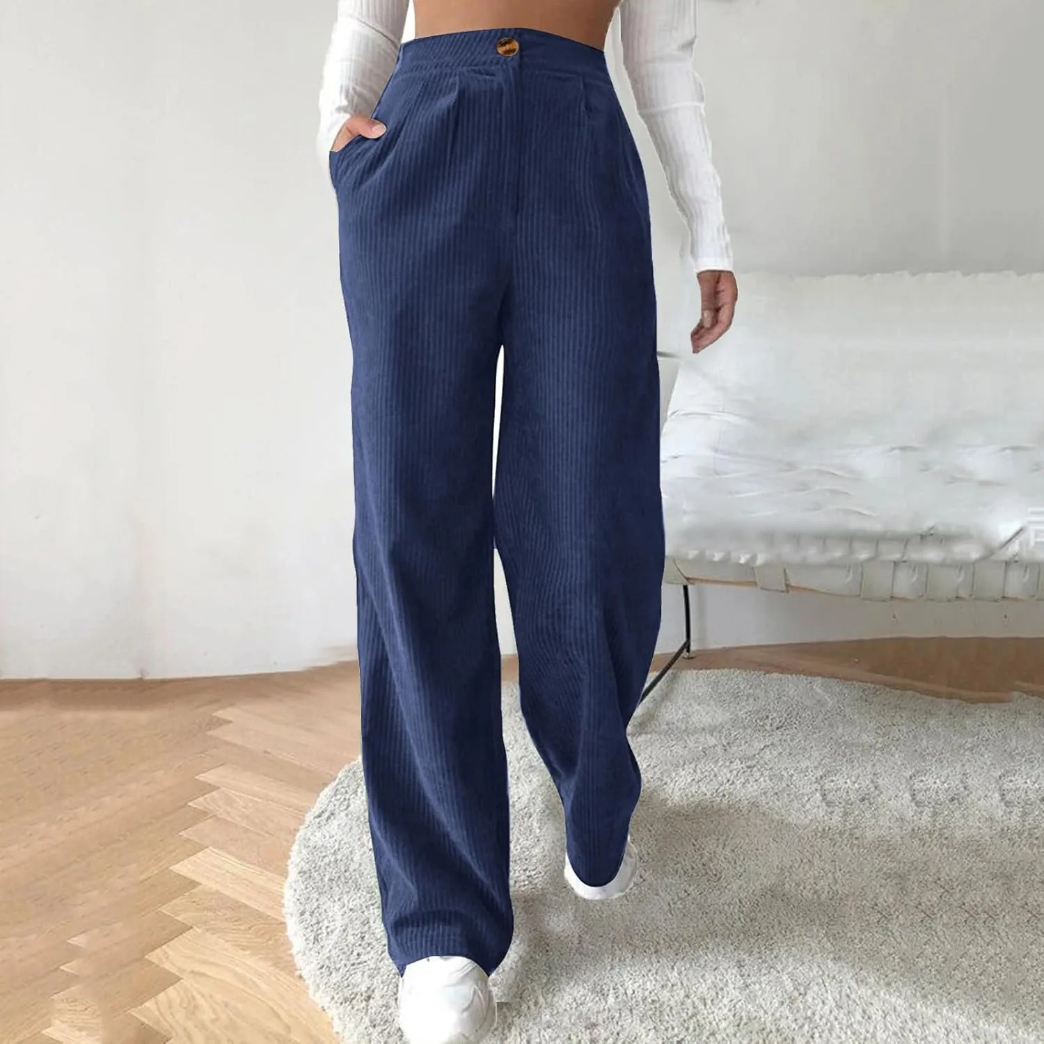 Women's Wide Leg Corduroy Pants Loose Straight Leg Pants High Waist Button Stretchy Trousers Lounge Pant with Pockets