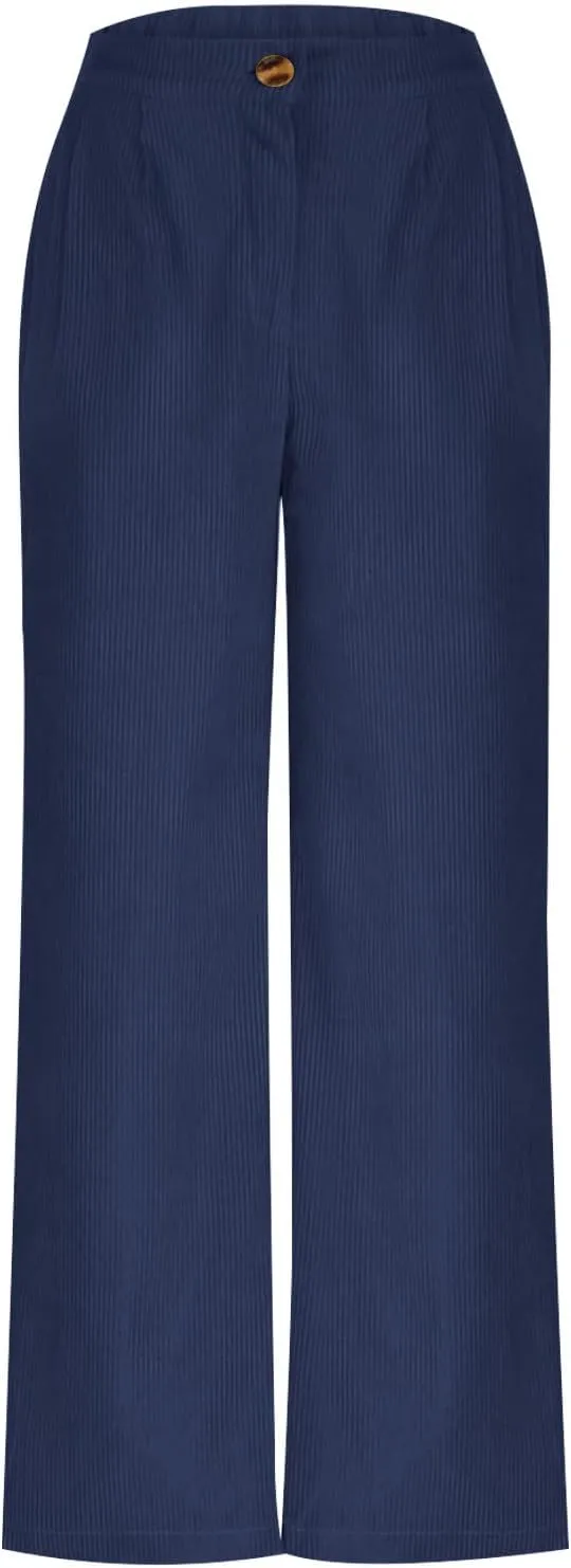 Women's Wide Leg Corduroy Pants Loose Straight Leg Pants High Waist Button Stretchy Trousers Lounge Pant with Pockets
