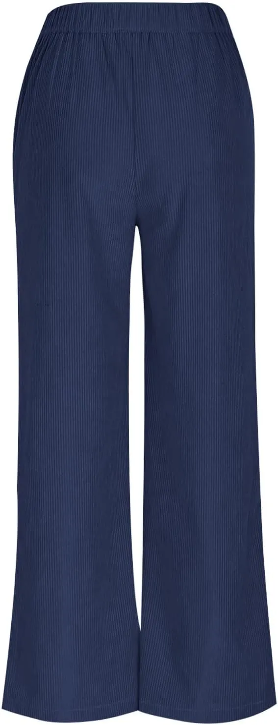 Women's Wide Leg Corduroy Pants Loose Straight Leg Pants High Waist Button Stretchy Trousers Lounge Pant with Pockets