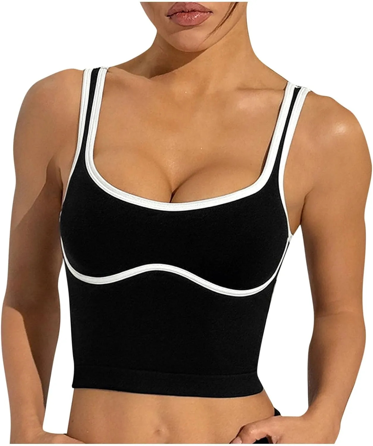 Womens Workout Tank Tops Square Neck Longline Sports Bras Support Spaghetti Strap Crop Yoga Top with Built in Bra