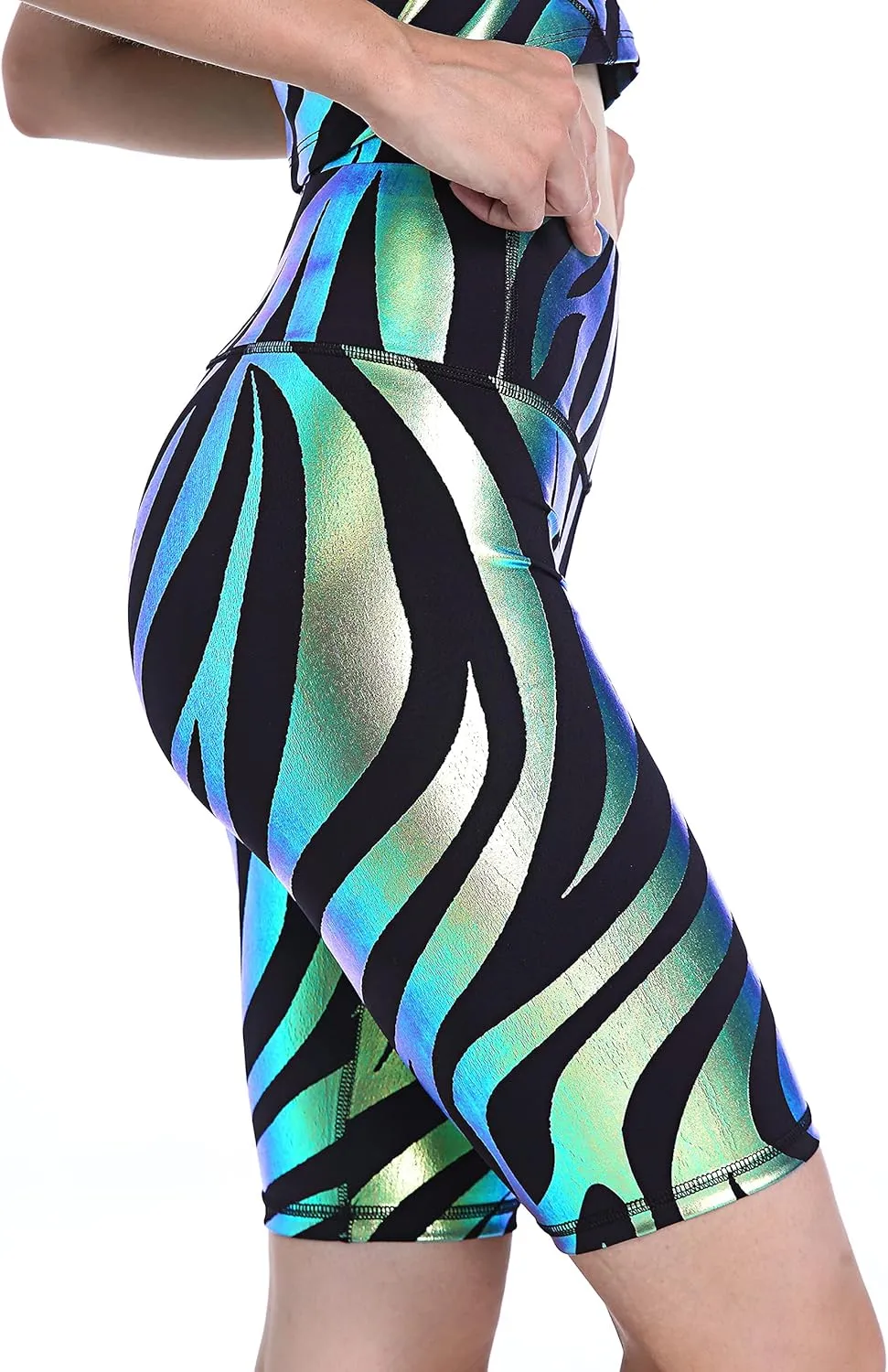 Women's Yoga Shorts Shiny High Waist Compression Pockets Tummy Control Running Volleyball Workout Shorts
