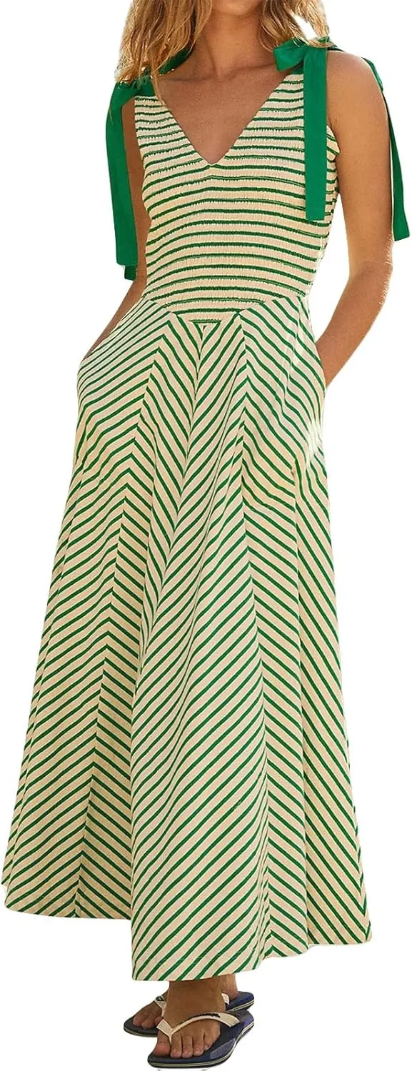 Womne's Dresses A Line Striped Sexy Deep V Neck Sleeveless Maxi Dress Summer Beach Vacation The Waist 2025