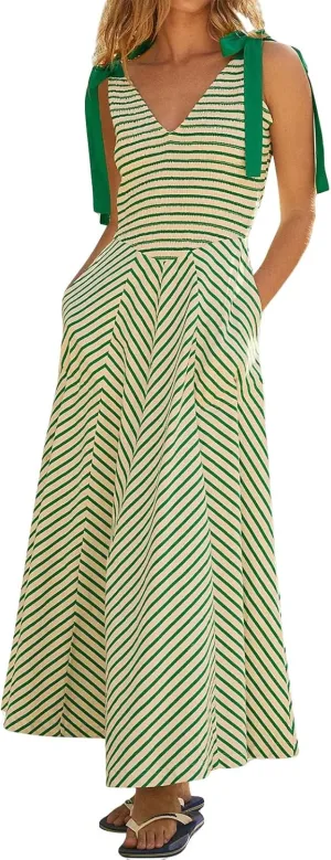 Womne's Dresses A Line Striped Sexy Deep V Neck Sleeveless Maxi Dress Summer Beach Vacation The Waist 2025
