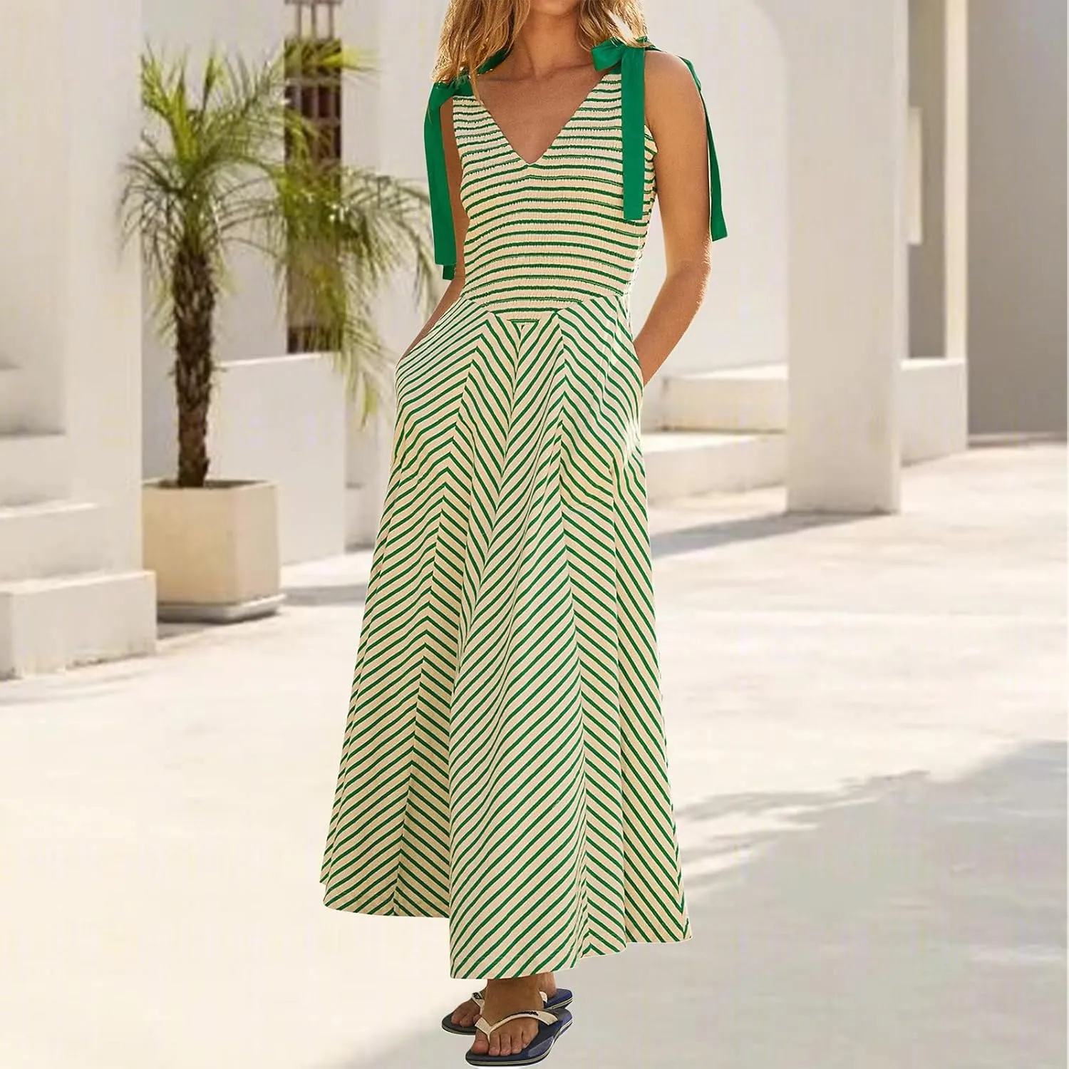 Womne's Dresses A Line Striped Sexy Deep V Neck Sleeveless Maxi Dress Summer Beach Vacation The Waist 2025