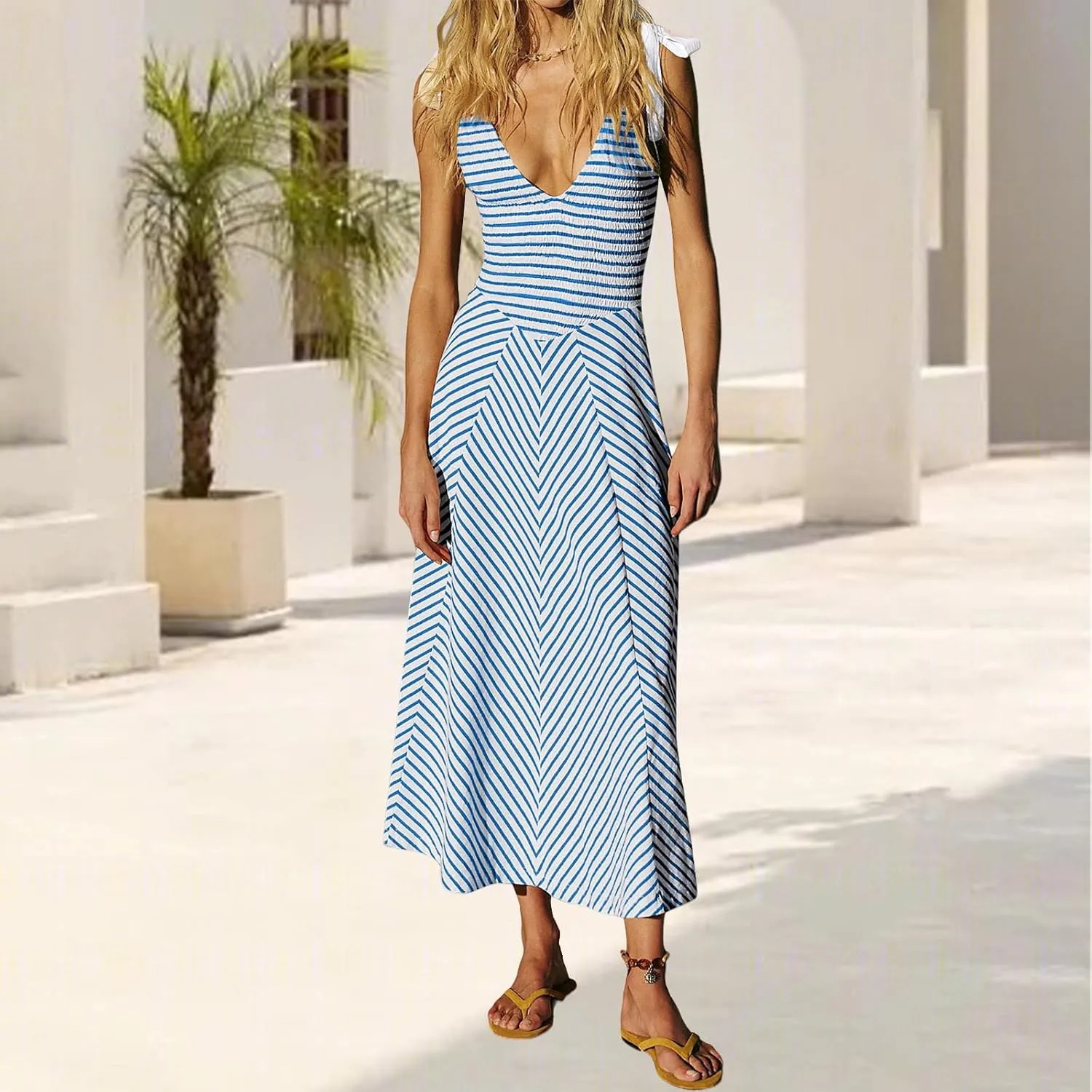 Womne's Dresses A Line Striped Sexy Deep V Neck Sleeveless Maxi Dress Summer Beach Vacation The Waist 2025