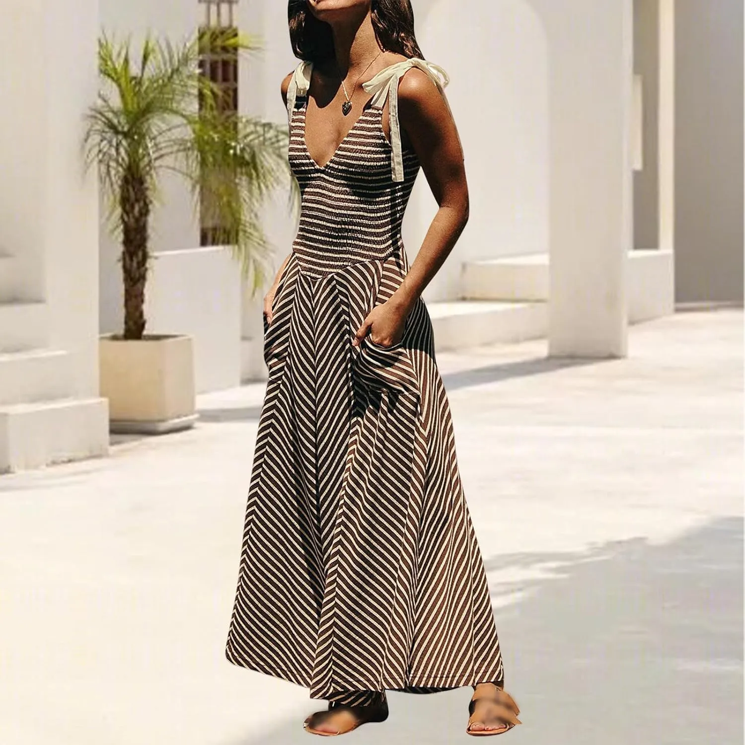 Womne's Dresses A Line Striped Sexy Deep V Neck Sleeveless Maxi Dress Summer Beach Vacation The Waist 2025
